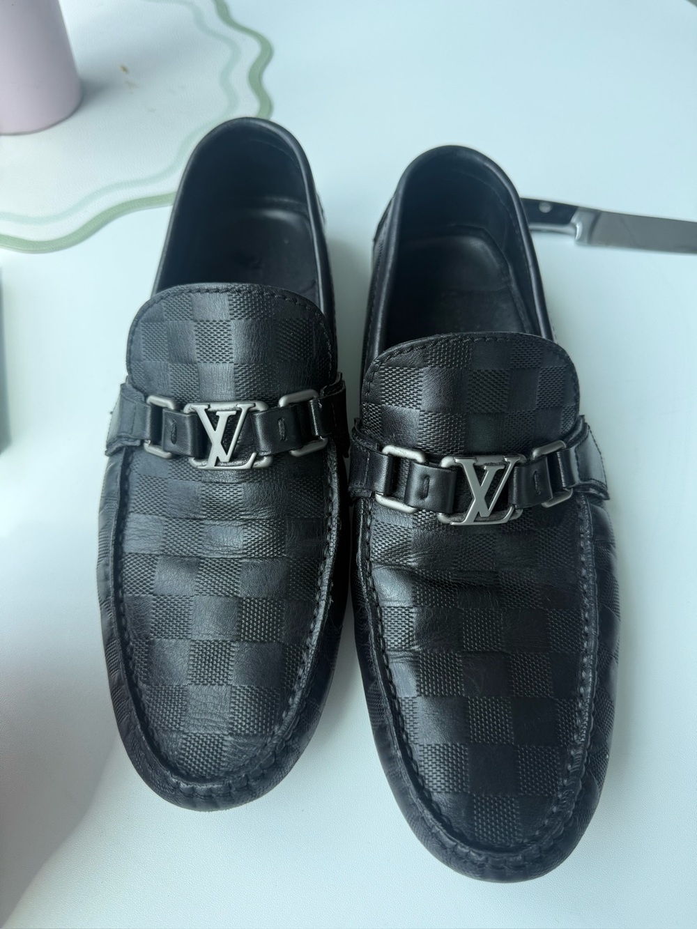 Louis Vuitton Black Damier Pattern Leather Loafers with LV Metal Bit